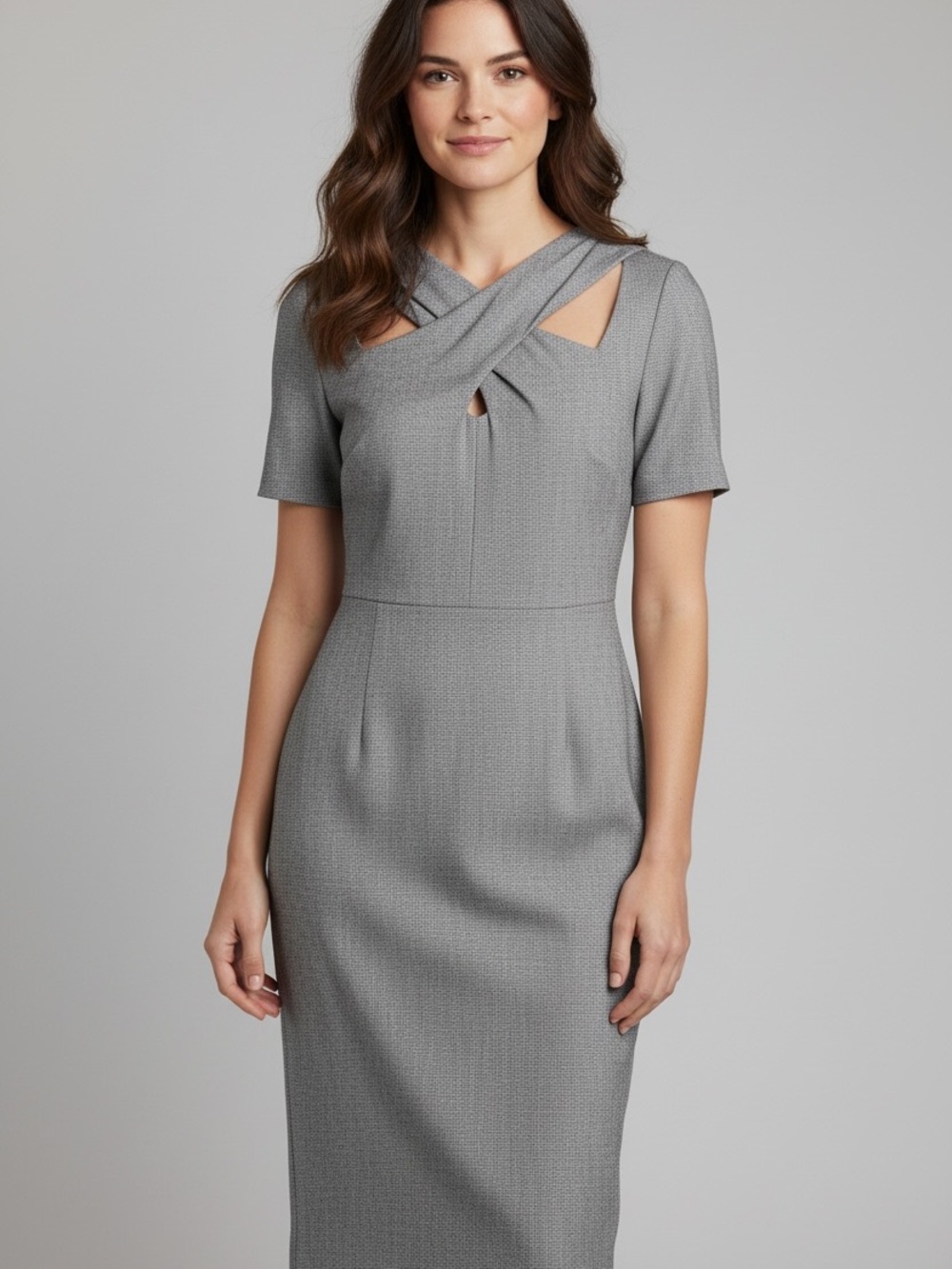 Cross-Front Gray Midi Sheath Dress - Tailored Women's Work Dress